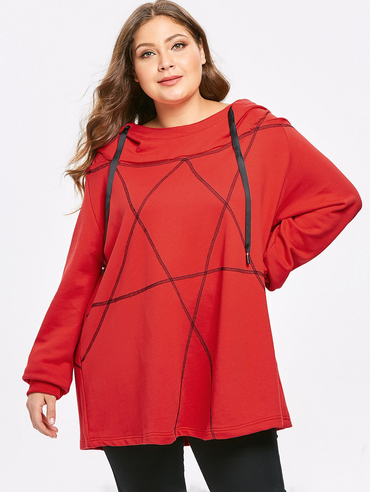 Plus Size Drawstring Star Print Ruby Red Hoodie