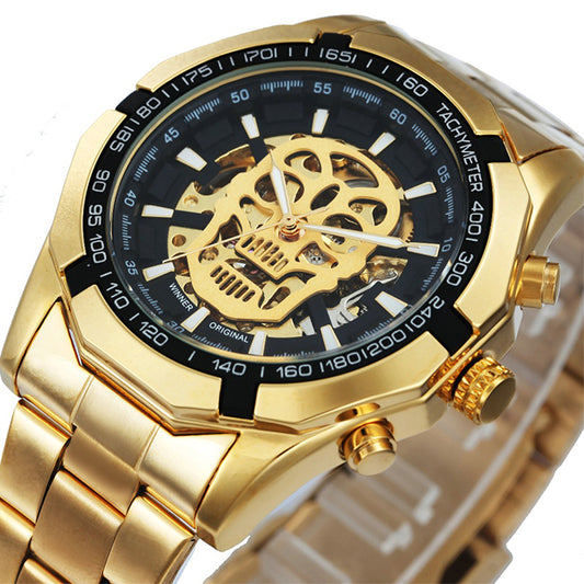 Mechanical Watch Men Skull Golden Stainless Steel Strap