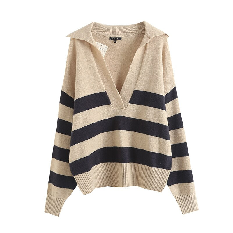 Autumn Chic Striped Casual Polo Shirt Oversized Knitted Sweater Vintage Long Sleeve Female Khaki Jumper