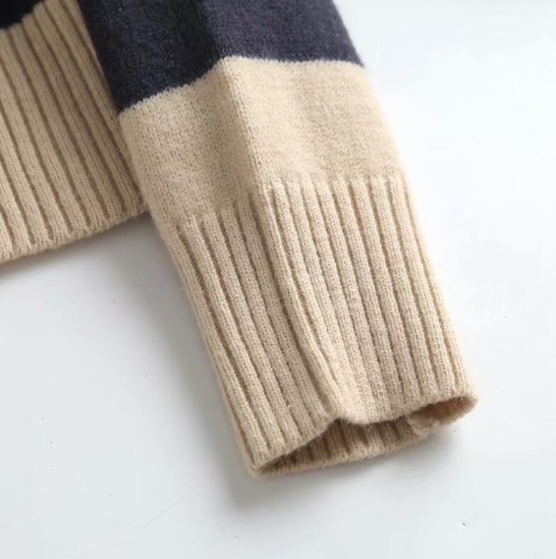 Autumn Chic Striped Casual Polo Shirt Oversized Knitted Sweater Vintage Long Sleeve Female Khaki Jumper