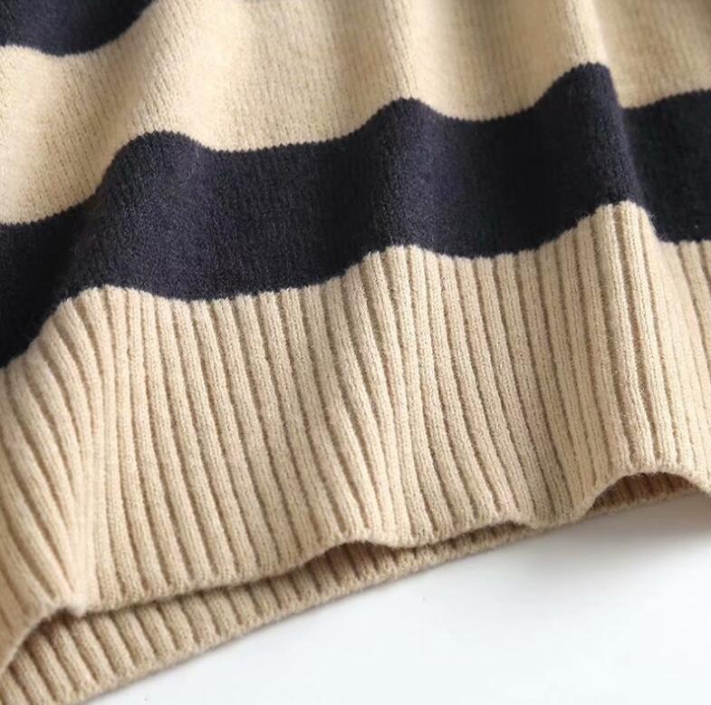 Autumn Chic Striped Casual Polo Shirt Oversized Knitted Sweater Vintage Long Sleeve Female Khaki Jumper