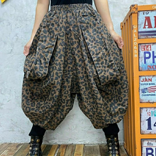 Leopard Print Big Pocket Girdle Oversized Pants