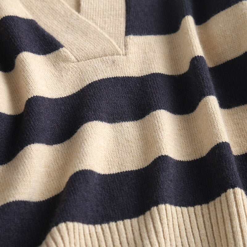 Autumn Chic Striped Casual Polo Shirt Oversized Knitted Sweater Vintage Long Sleeve Female Khaki Jumper