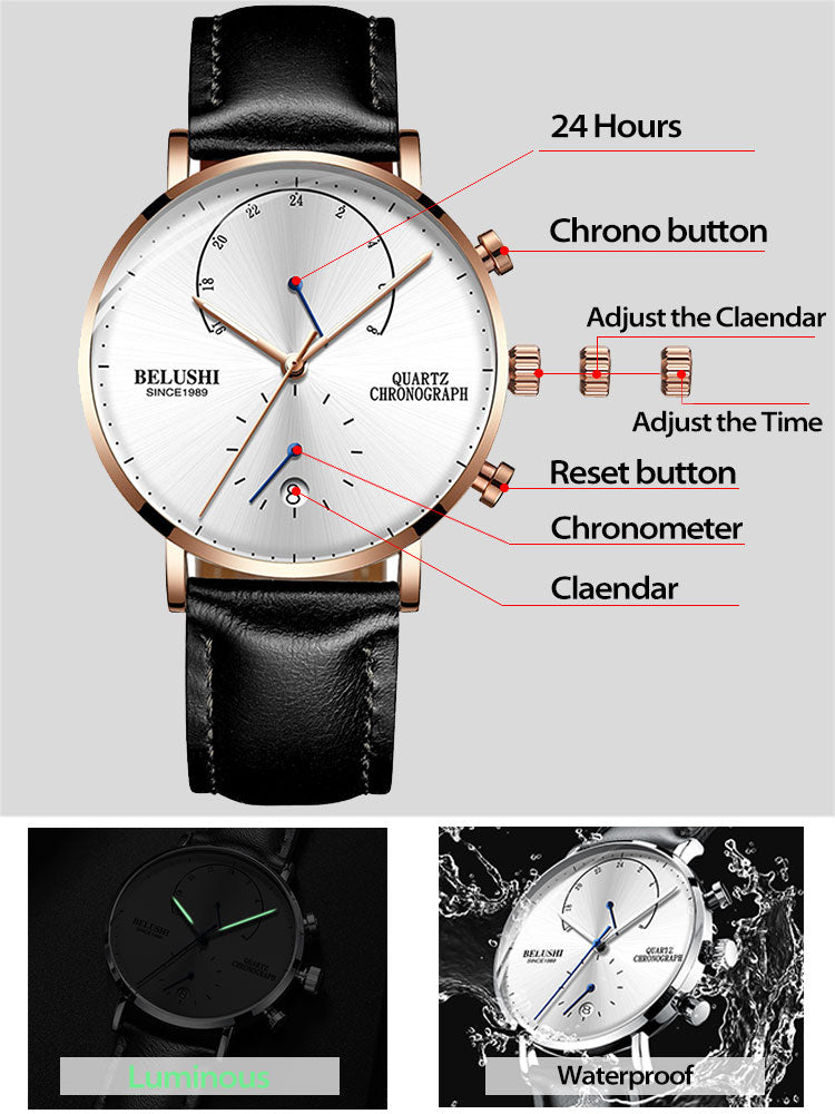 Quartz Modern Chronograph Leather Strap Watches