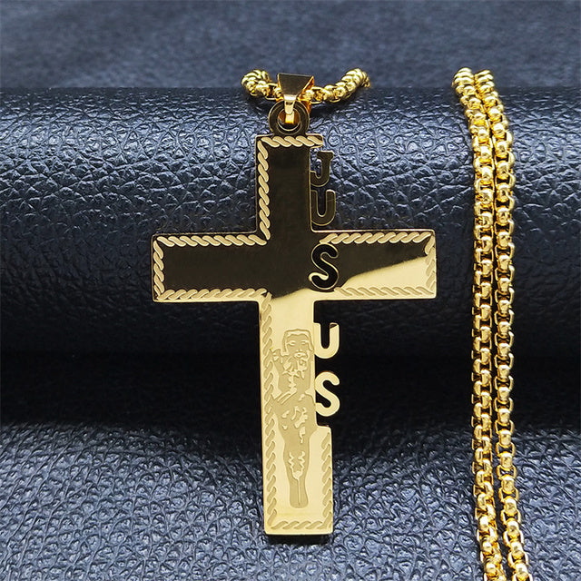 Christian Bible Cross Stainless Steel Gold Color Necklace