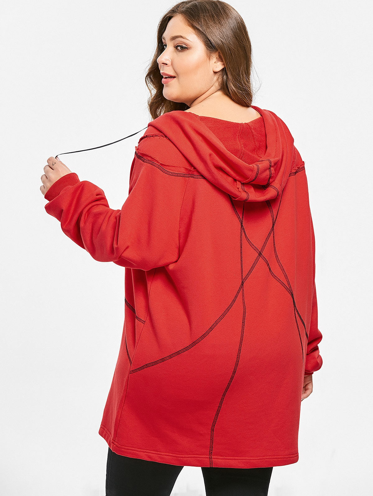 Plus Size Drawstring Star Print Ruby Red Hoodie