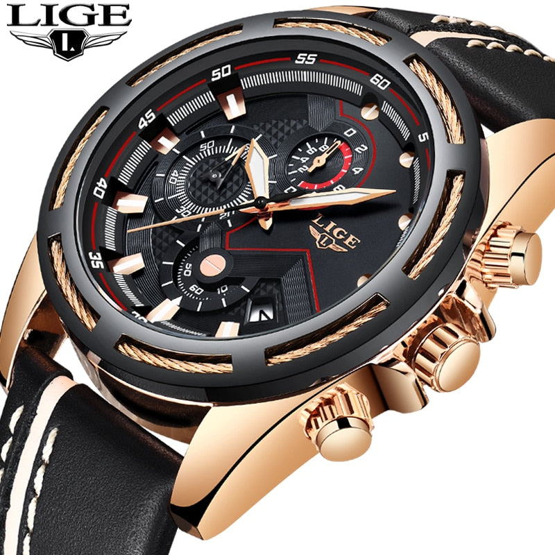 LIGE Business Watch Men Sport Quartz Clock Leather  Waterproof