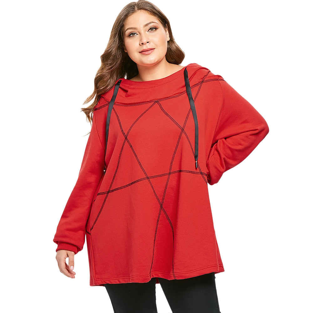 Plus Size Drawstring Star Print Ruby Red Hoodie