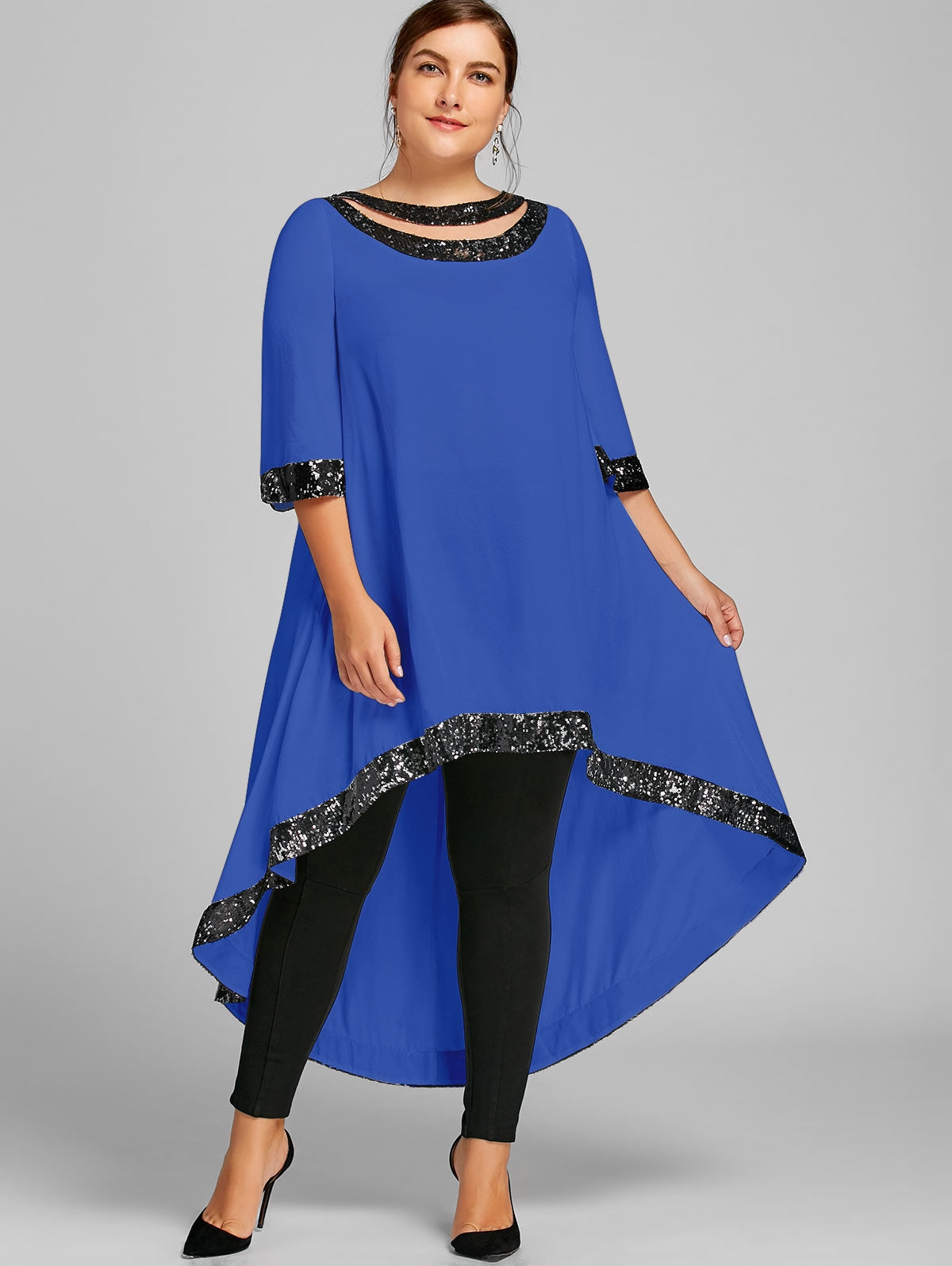 Plus Size Sequined Trim Dip Hem Dress