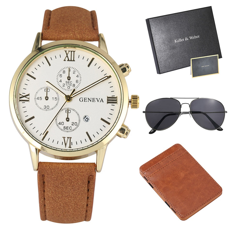 Keller & Weber Men Watch-Sunglasses-Brown Card Case Sets