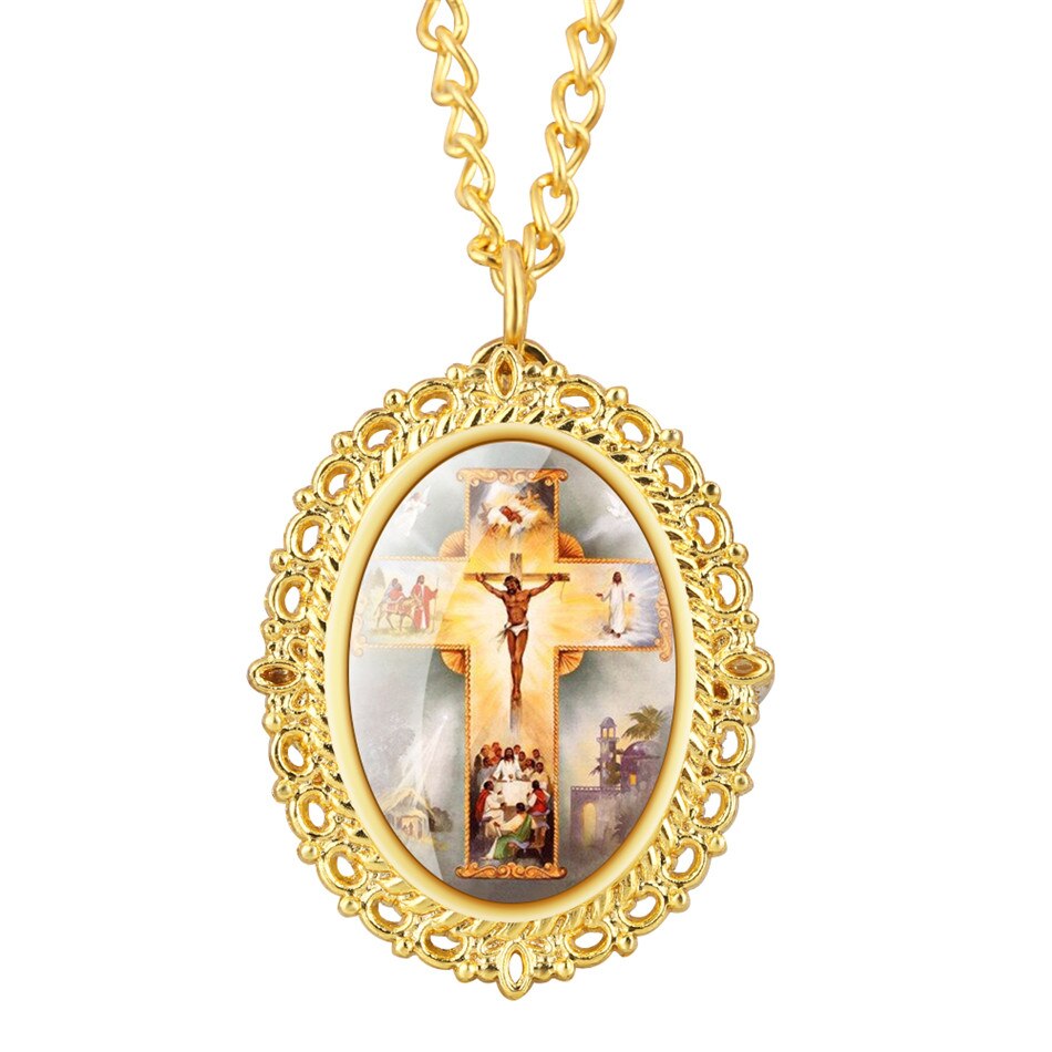 Golden Oval Jesus Virgin Mary Pendant Necklace Watch