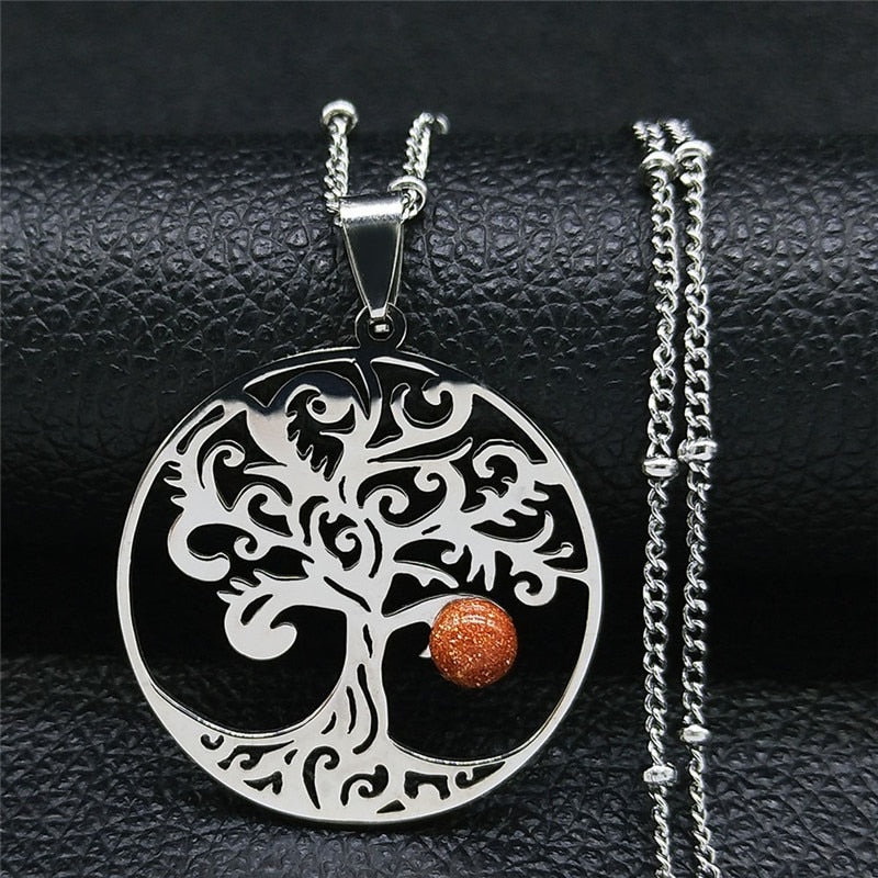 Sun Tree of Life Opal Stainless Steel Necklace