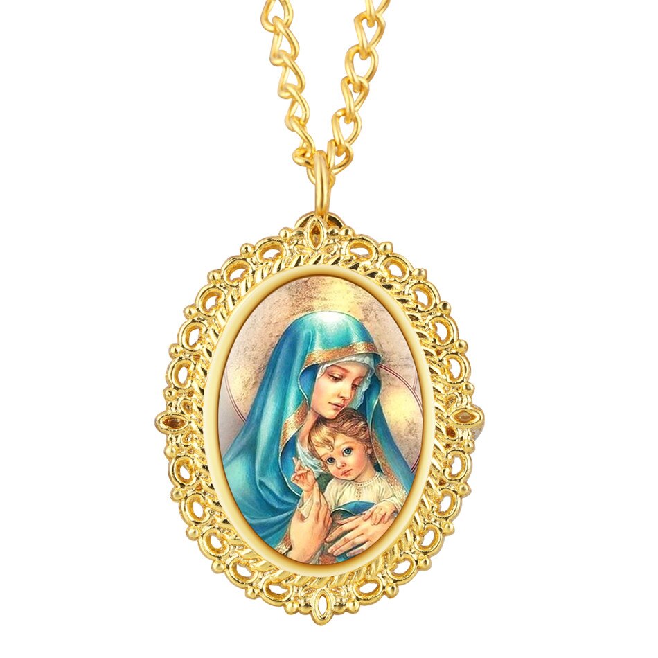 Golden Oval Jesus Virgin Mary Pendant Necklace Watch