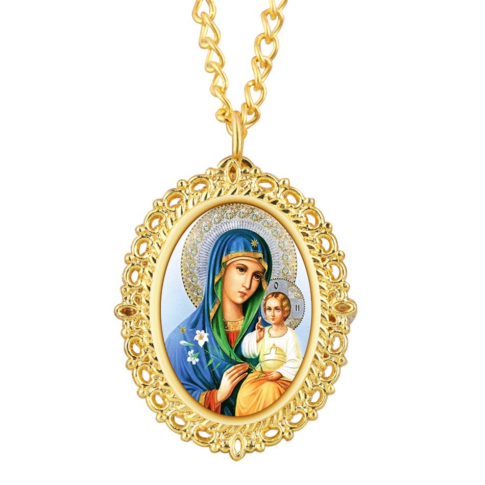 Golden Oval Jesus Virgin Mary Pendant Necklace Watch