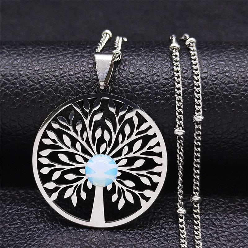 Sun Tree of Life Opal Stainless Steel Necklace