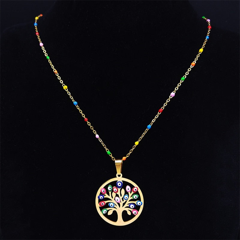 Bohemian Colorful Turkey Eyes Tree of Life Necklace