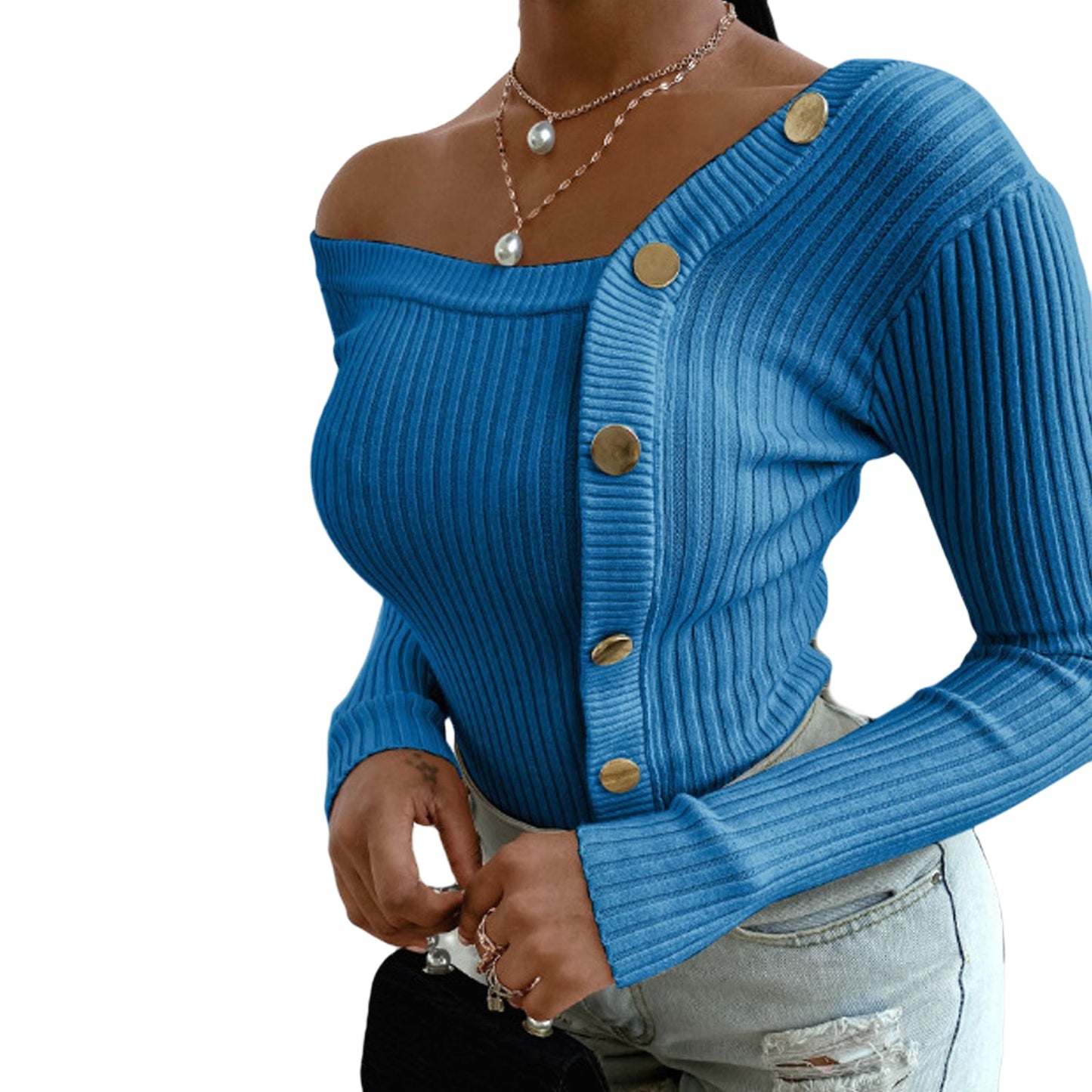 Fashion Button Off Shoulder Knitted Sweater