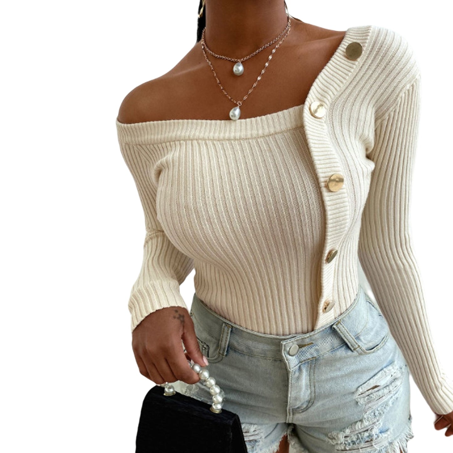 Fashion Button Off Shoulder Knitted Sweater