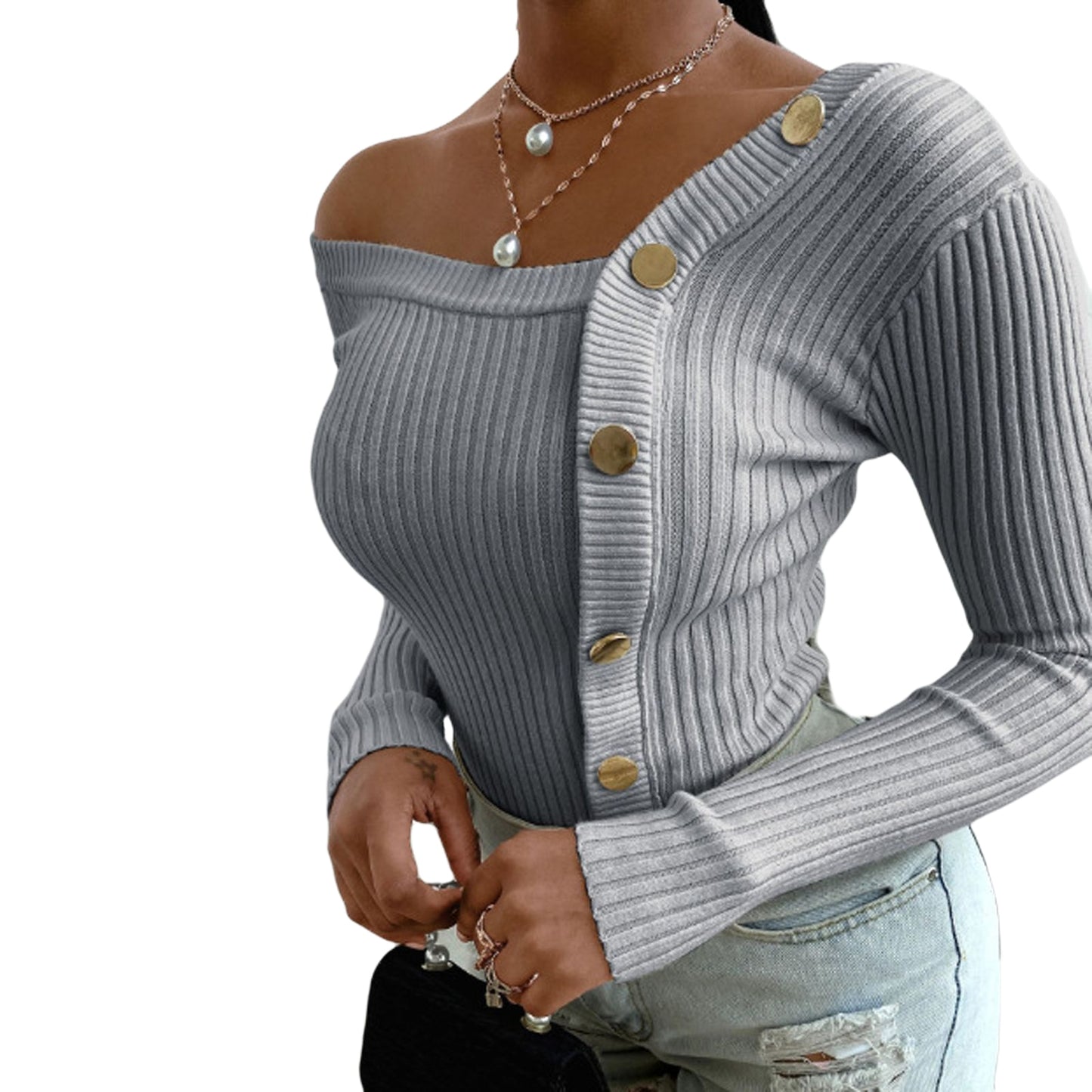 Fashion Button Off Shoulder Knitted Sweater