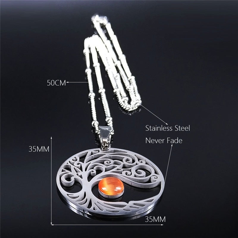 Sun Tree of Life Opal Stainless Steel Necklace