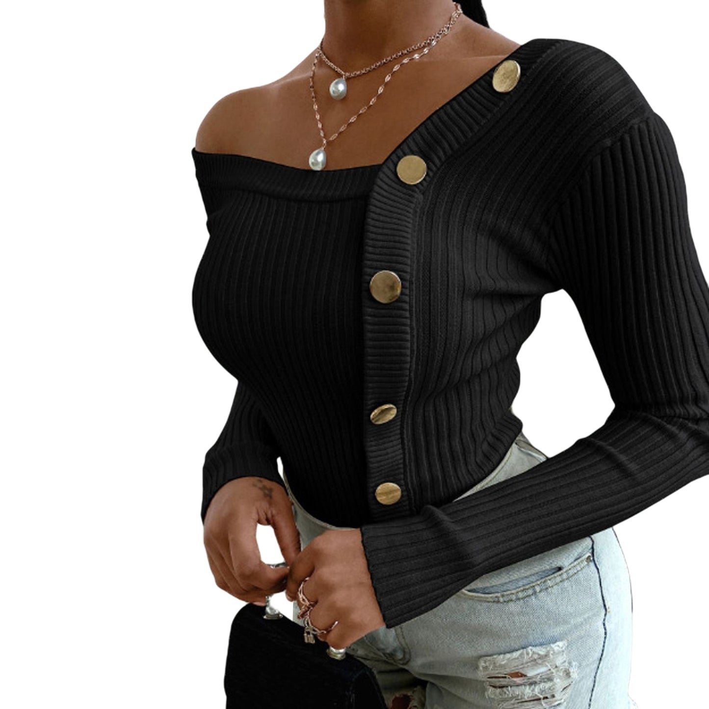 Fashion Button Off Shoulder Knitted Sweater