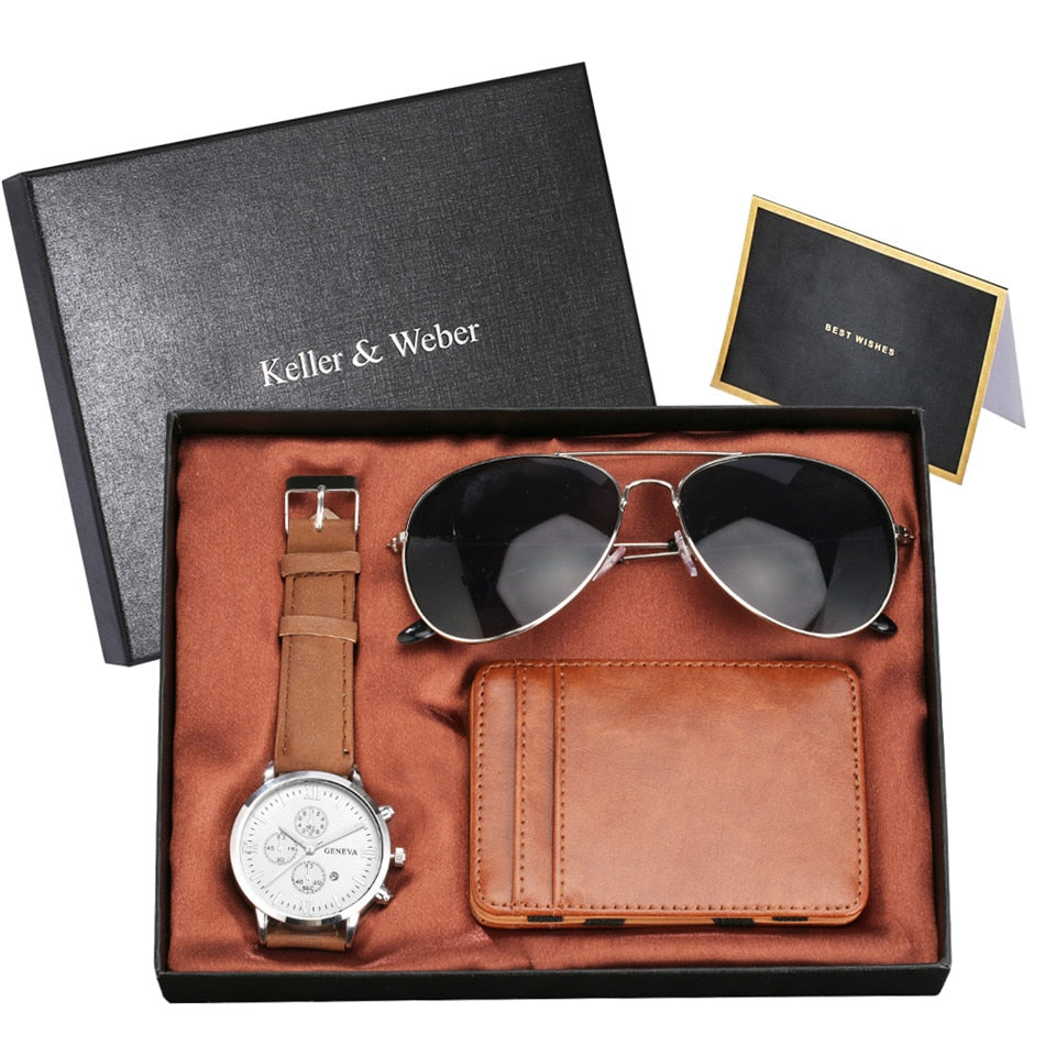 Keller & Weber Men Watch-Sunglasses-Brown Card Case Sets