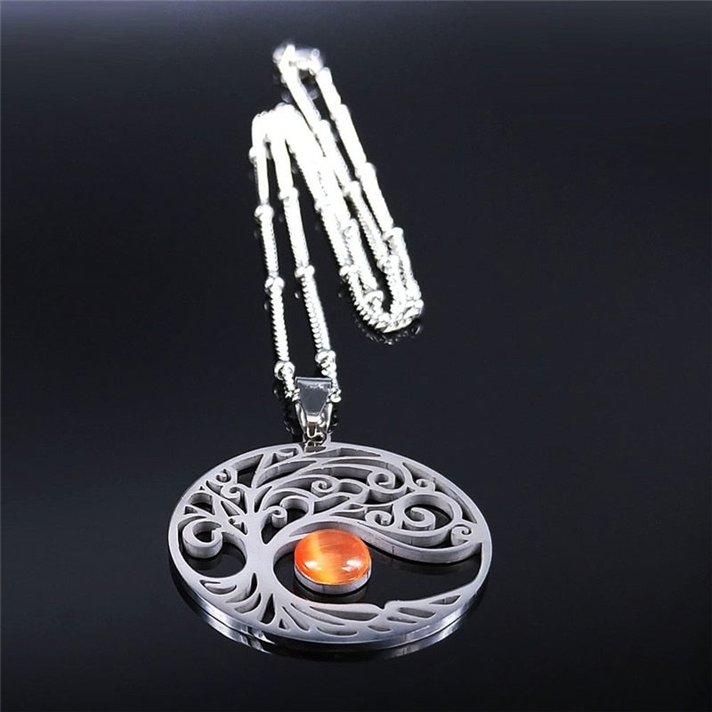 Sun Tree of Life Opal Stainless Steel Necklace