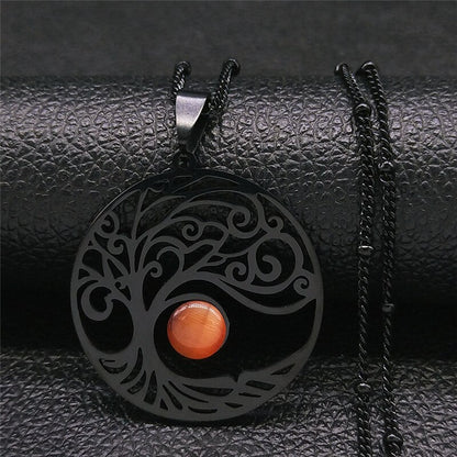 Sun Tree of Life Opal Stainless Steel Necklace