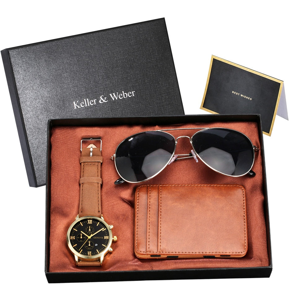 Keller & Weber Men Watch-Sunglasses-Brown Card Case Sets