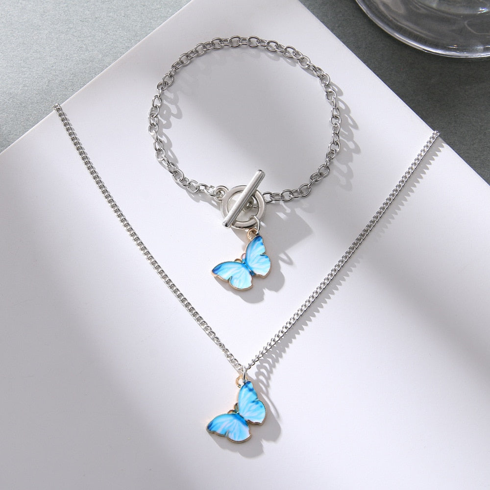 Blue Butterfly Gradient Necklace & Bracelet