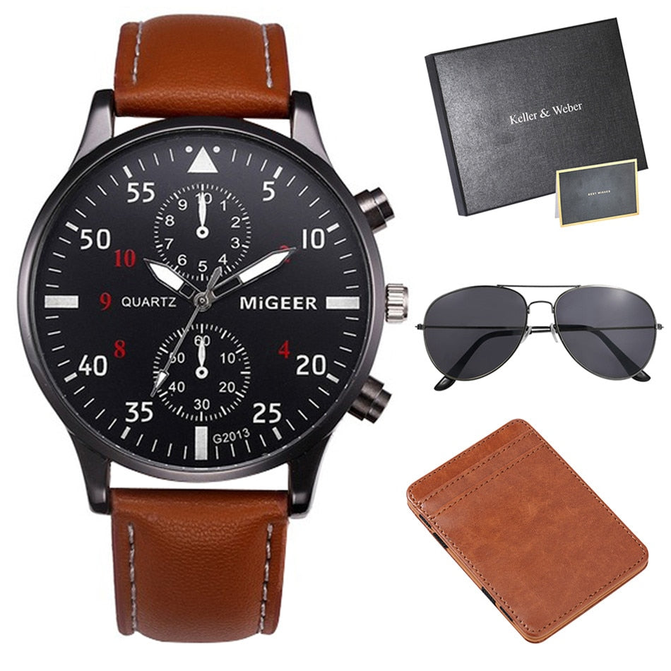 Keller & Weber Men Watch-Sunglasses-Brown Card Case Sets