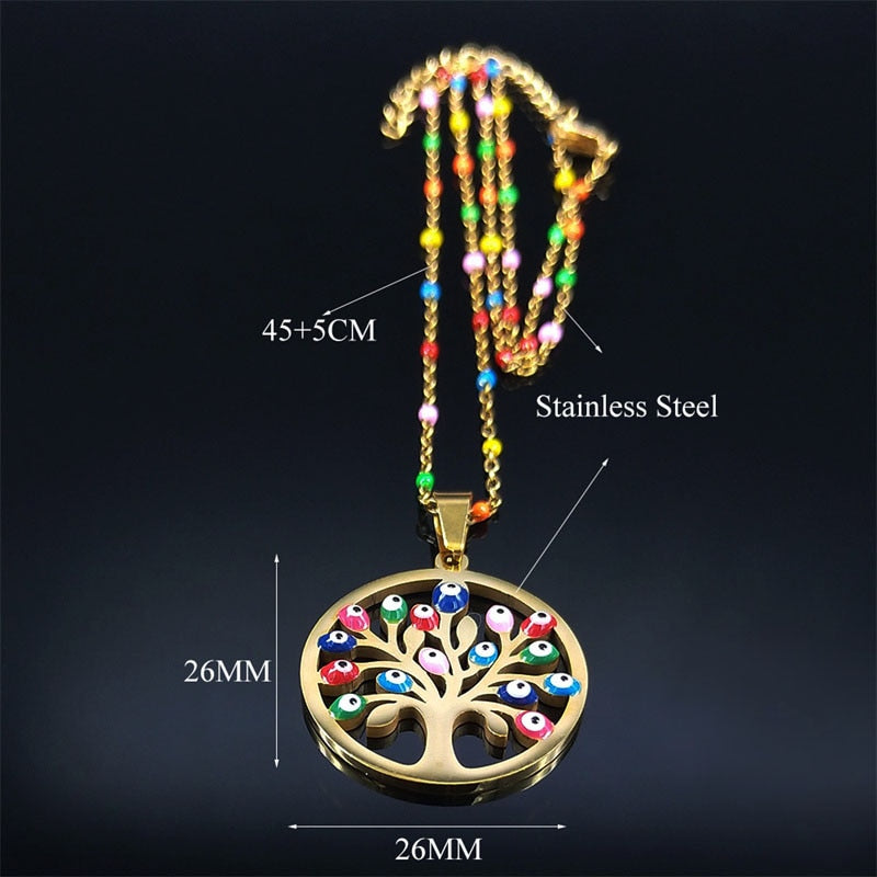 Bohemian Colorful Turkey Eyes Tree of Life Necklace