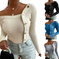 Fashion Button Off Shoulder Knitted Sweater