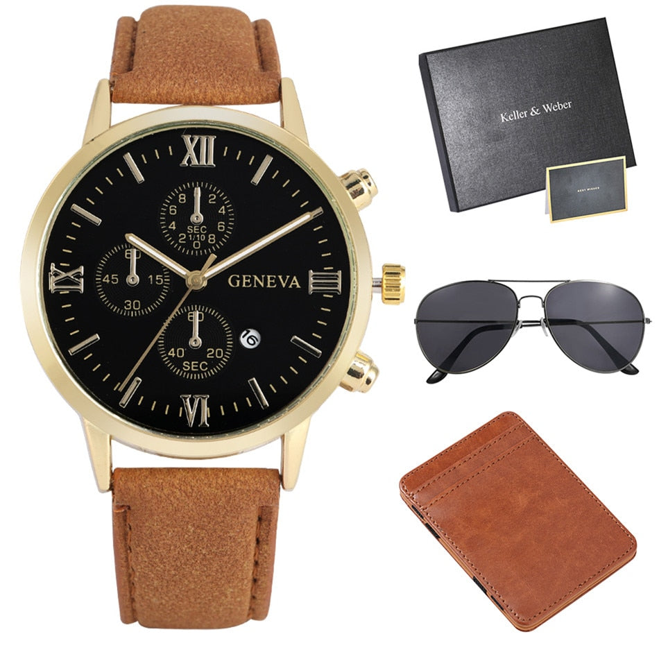 Keller & Weber Men Watch-Sunglasses-Brown Card Case Sets