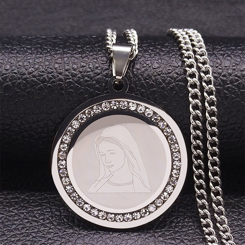 Virgin Mary Crystal Stainless Steel Necklace B (60cm)