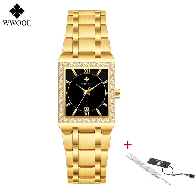 WWOOR women's high quality brand design square diamond, small watch.