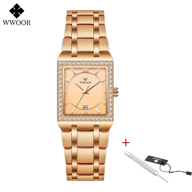 WWOOR women's high quality brand design square diamond, small watch.