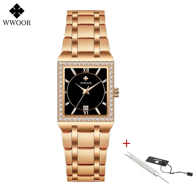 WWOOR women's high quality brand design square diamond, small watch.