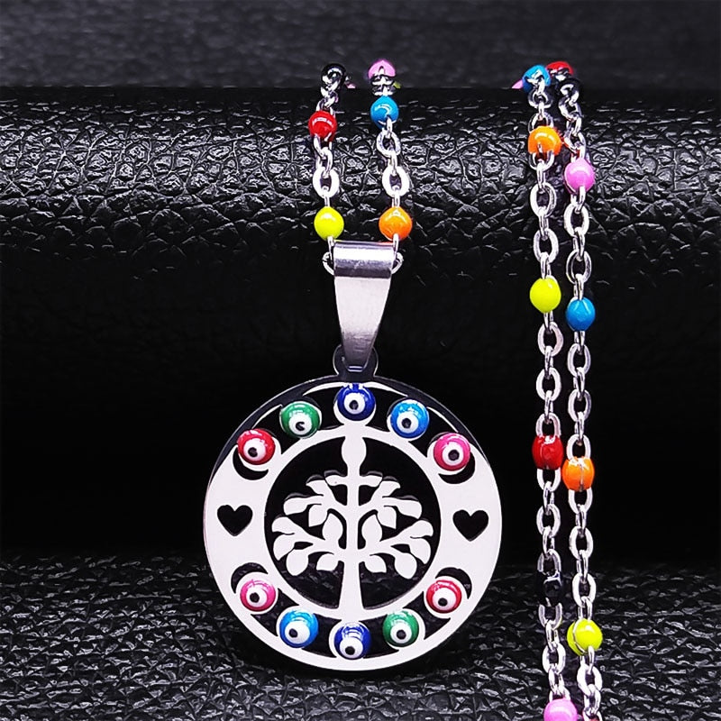 Bohemian Colorful Turkey Eyes Tree of Life Necklace