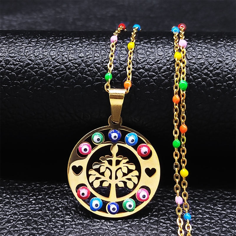 Bohemian Colorful Turkey Eyes Tree of Life Necklace