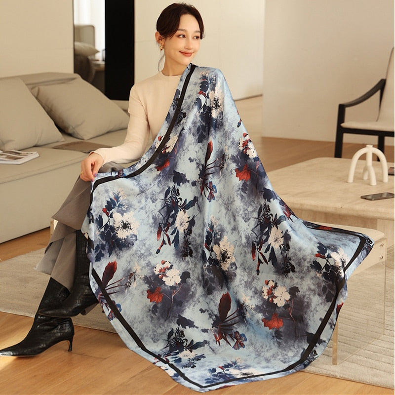 110*110cm Floral Printed Imitated Silk Scarf