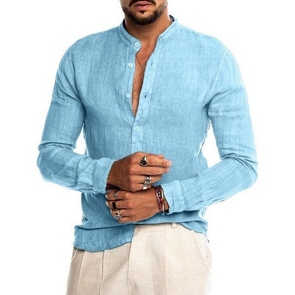 Solid Color Linen Long Sleeve Cardigan Shirt