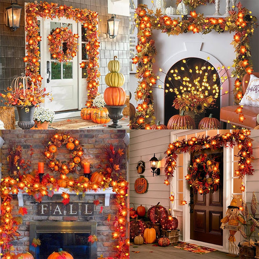 Autumn Maple Leaves Pumpkin Garland Led