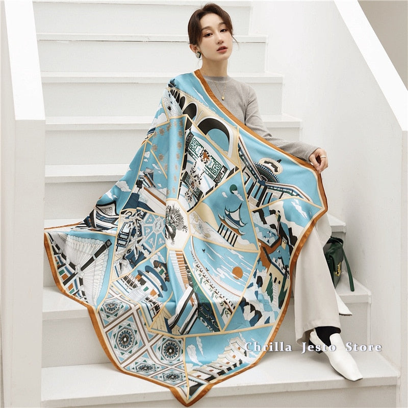 110*110cm Floral Printed Imitated Silk Scarf