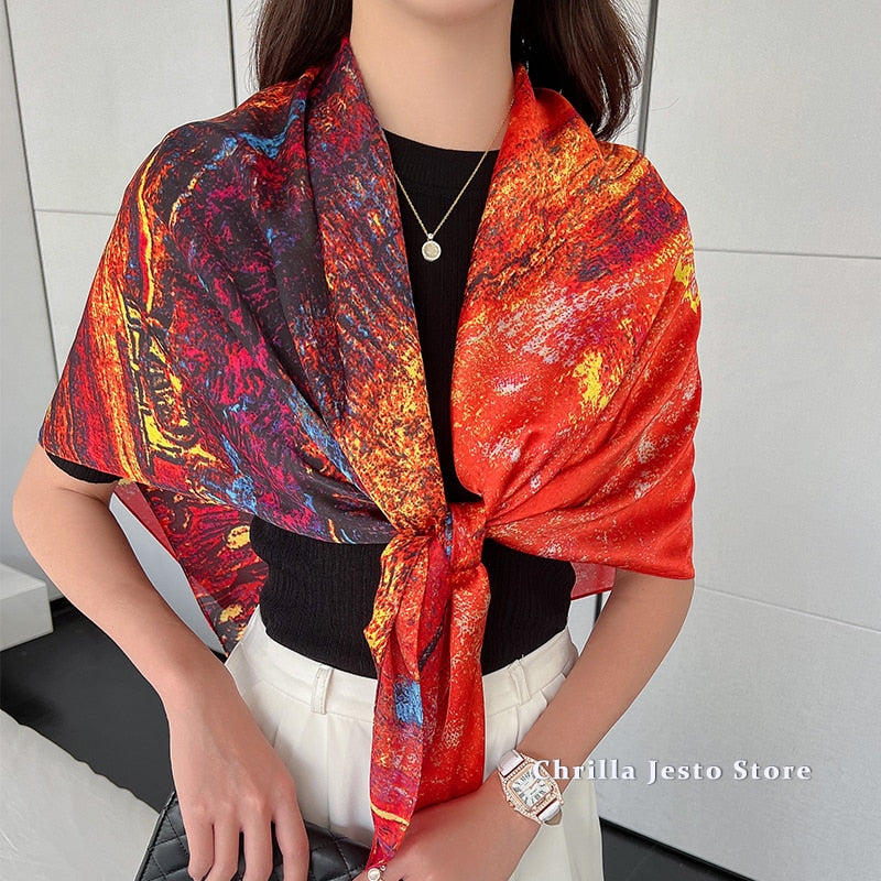 110*110cm Floral Printed Imitated Silk Scarf