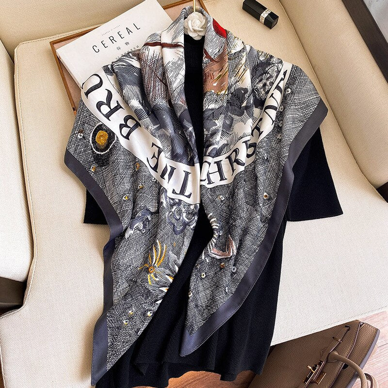 90*90cm Luxury Brand Colorful Twill Print Square Scarf