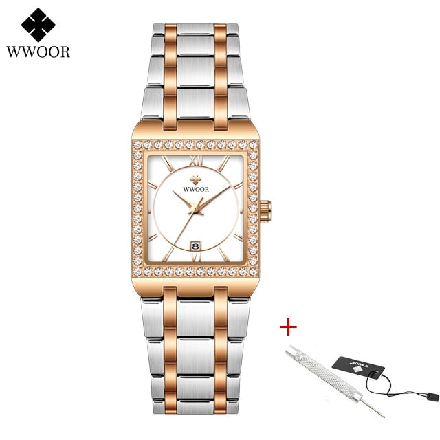 WWOOR women's high quality brand design square diamond, small watch.