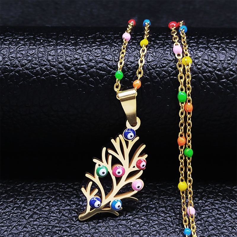 Bohemian Colorful Turkey Eyes Tree of Life Necklace