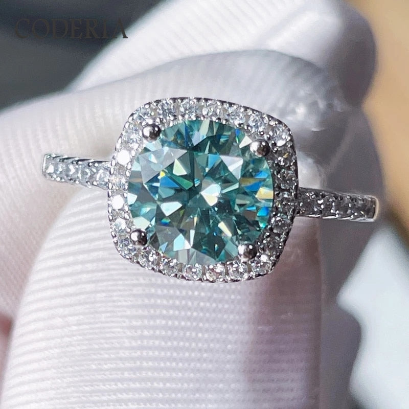 1-3 CT S925 Silver, Blue Green Sparkling Moissanite Brilliant Cut Ring, GRA