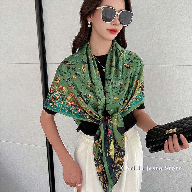 110*110cm Floral Printed Imitated Silk Scarf